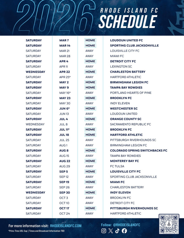 Rhode Island FC 2026 schedule with home and away games listed.