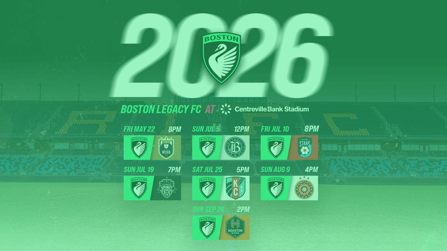 Schedule for Boston Legacy FC AF with team logo and event dates on a green background