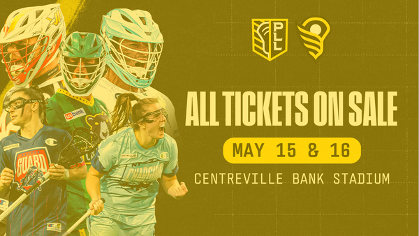 Promotional poster for lacrosse event with players and 'PLL' logo on a yellow background