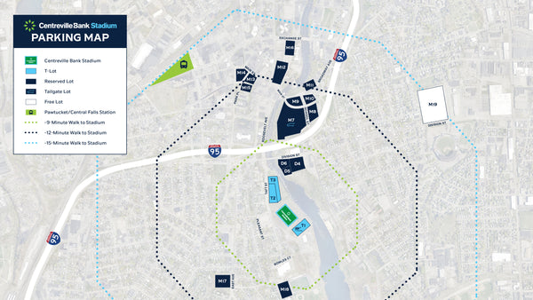 Parking map of Centreville Bank Stadium with labeled parking lots and directions.